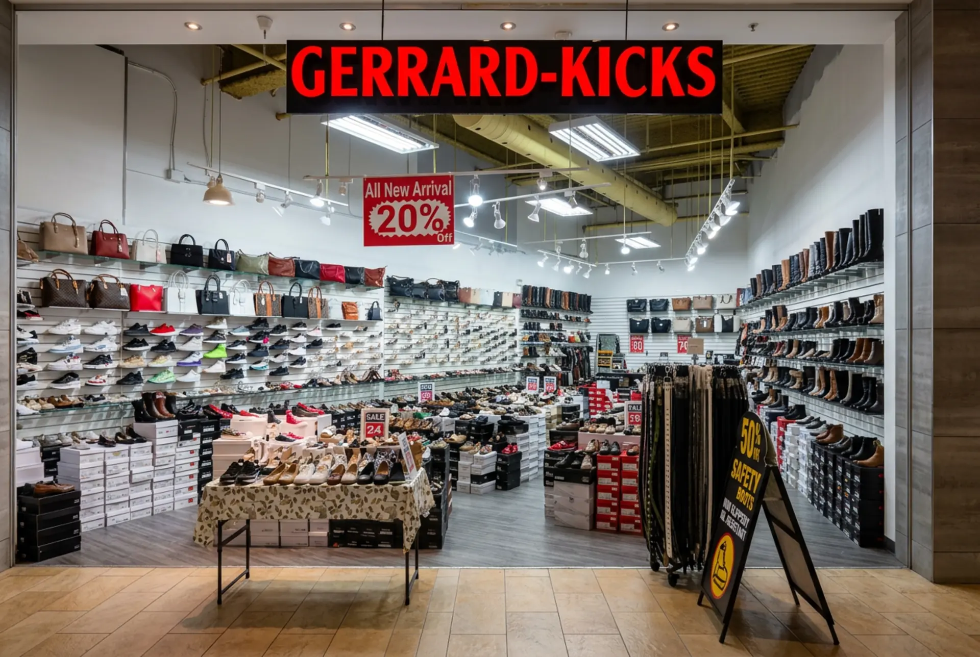 Floor-to-ceiling wall of women's boots, heels and men's dress shoes lit with red accent lighting inside the Gerrard-Kicks store